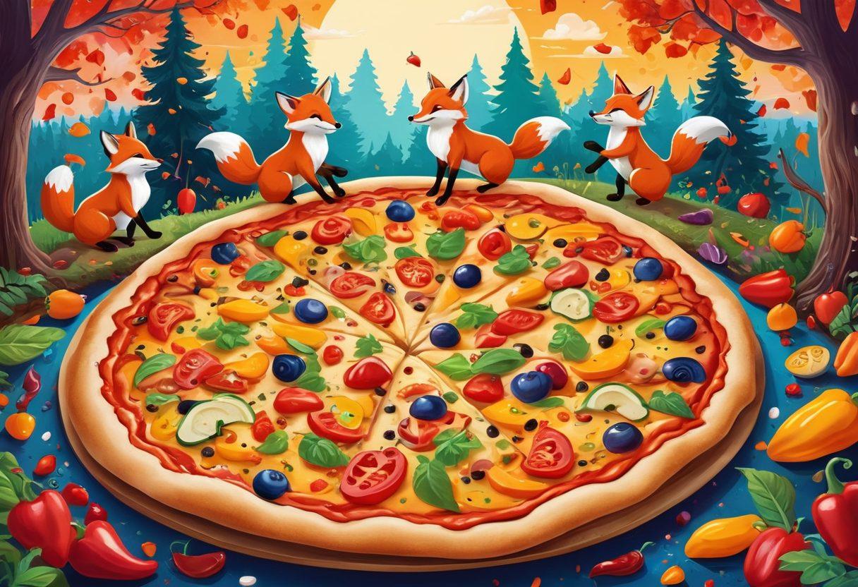 A whimsical scene featuring ecstatic foxes joyfully interacting with oversized pizza slices topped with a variety of vibrant toppings like colorful peppers, mushrooms, and pepperoni, surrounded by a lush, enchanted forest. The foxes are dancing and playfully tossing pizza toppings in the air, capturing the essence of fun and deliciousness. Bright, vibrant colors and a whimsical, cartoonish style add to the playful atmosphere. vector art. vibrant colors.