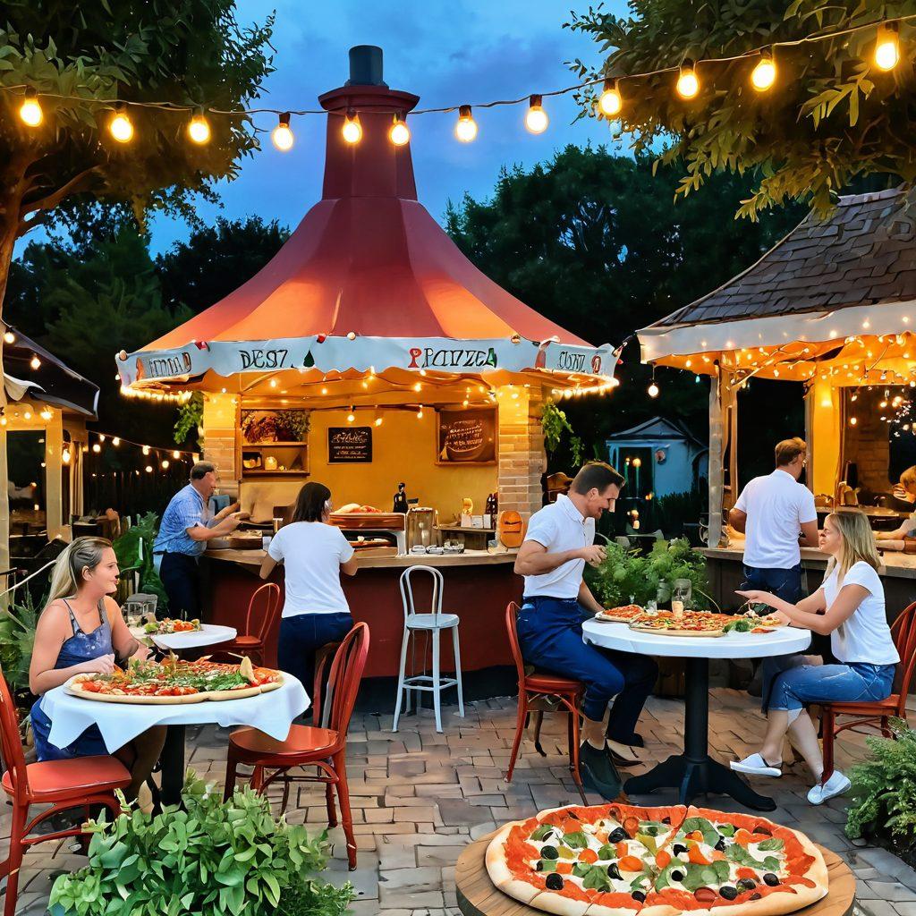 A charming artisanal pizza scene featuring a vibrant outdoor pizzeria bustling with cheerful anthropomorphic foxes enjoying gourmet pizzas, surrounded by lush greenery and hanging fairy lights. Each pizza showcases unique toppings like fresh basil, colorful vegetables, and melted cheese, capturing the essence of joyful dining. The atmosphere radiates warmth and camaraderie, inviting viewers to experience this delightful culinary gathering. watercolor style. bright colors. whimsical touch.