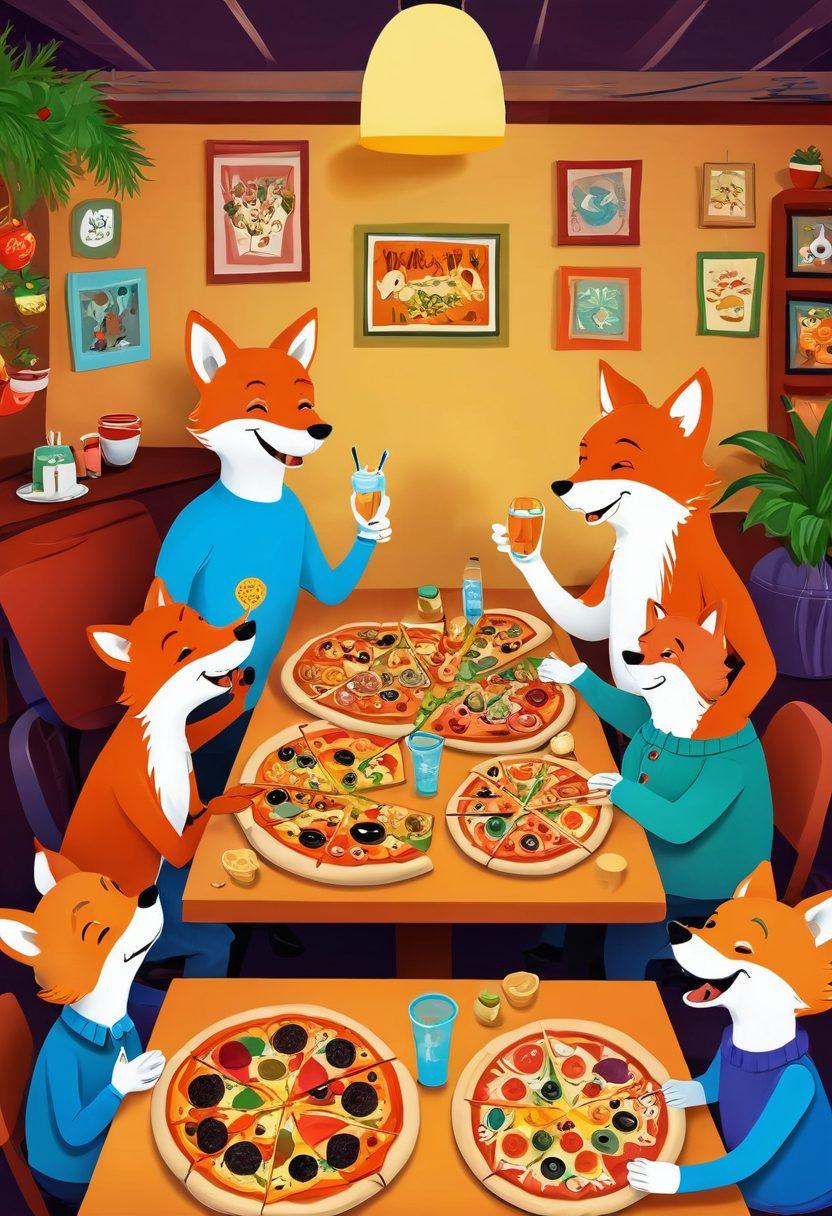 A cheerful family enjoying gourmet pizzas at a cozy restaurant, surrounded by cartoon foxes playfully interacting with pizza toppings. Colorful decorations and a warm atmosphere create a welcoming environment. Include a variety of gourmet pizzas on the table, with fresh ingredients and vibrant colors. Cartoonish style with a whimsical touch, highlighting the family-friendly vibe. vector art. vibrant colors.
